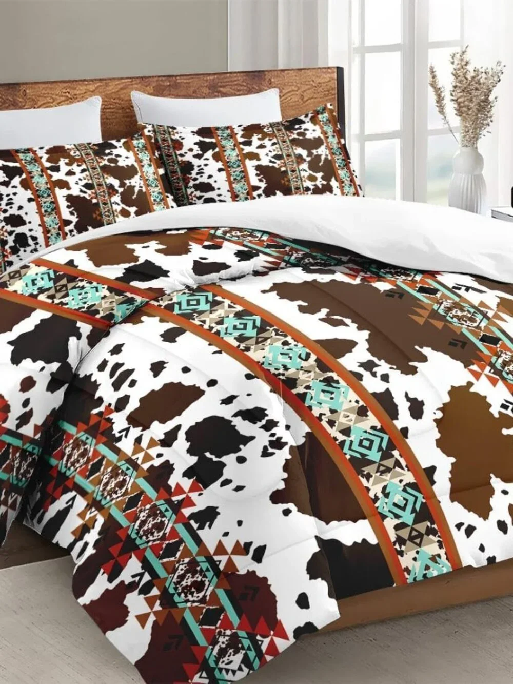 Queen Comforter Set, 3 Pieces Animal Vintage Bedding, All Season | Retro Cow Bro
